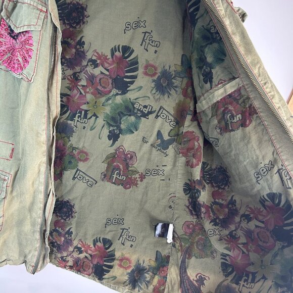 Desigual Embroidered Distressed Green Hooded Jacket Sz M Eclectic Edgy Artsy - Picture 10 of 16